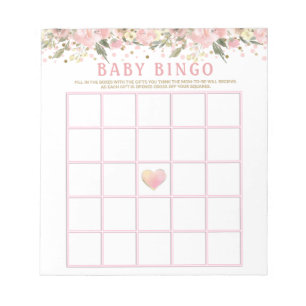 Pink Gold Floral Baby Shower Bingo Game Cards Notepad