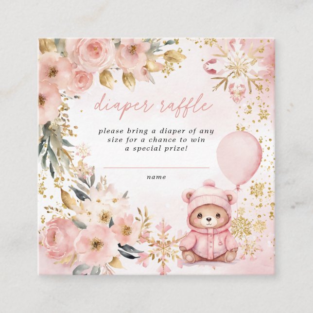 Pink Gold Floral Baby Shower Diaper Raffle Enclosure Card (Front)
