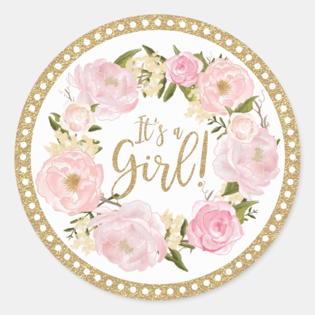 Pink &  Gold Floral Baby Shower Favour It's a Classic Round Sticker (Front)