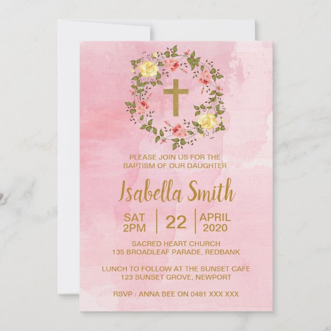 Pink Gold floral Baptism / Christening Invitation (Front)