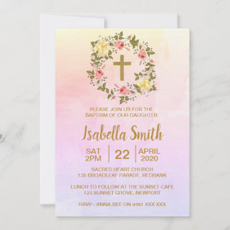 Pink Gold floral Baptism / Christening Invitation