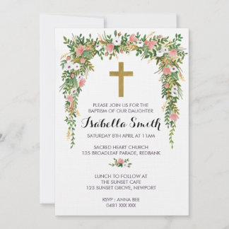 Pink Gold floral Baptism / Christening Invitation