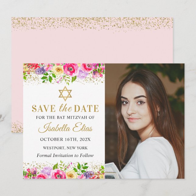 Pink Gold Floral Bat Mitzvah Photo Save The Date (Front/Back)