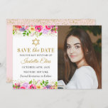 Pink Gold Floral Bat Mitzvah Photo Save The Date<br><div class="desc">Pink Gold Floral Bat Mitzvah Photo Save The Date</div>