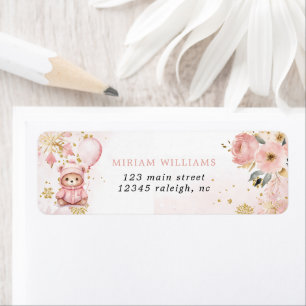 Pink Gold Floral Bear Baby Shower Return Address