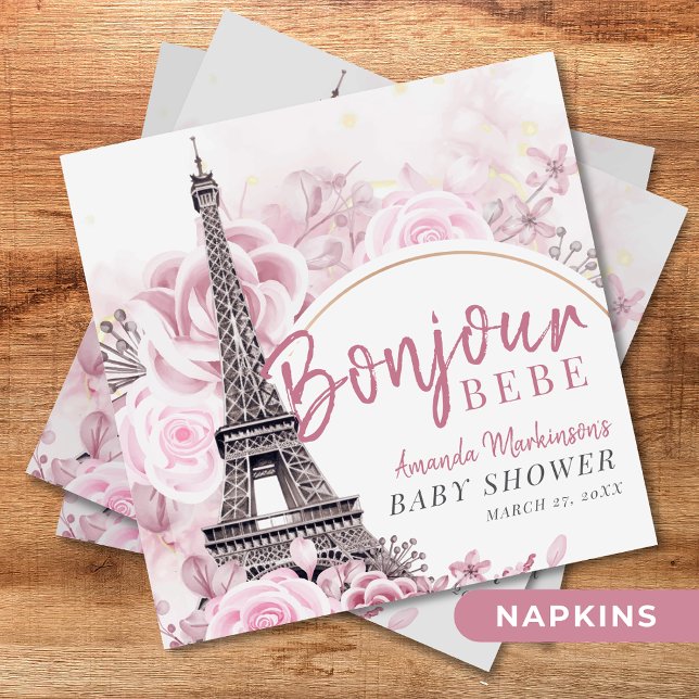 Pink Gold Floral Bonjour Bebe Baby Shower Napkin (Creator Uploaded)