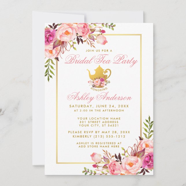 Pink Gold Floral Bridal Shower Tea Party Invite P (Front)
