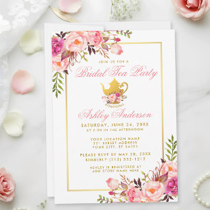 Pink Gold Floral Bridal Shower Tea Party Invite P