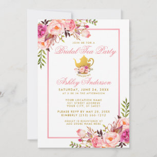 Pink Gold Floral Bridal Shower Tea Party Invite PS
