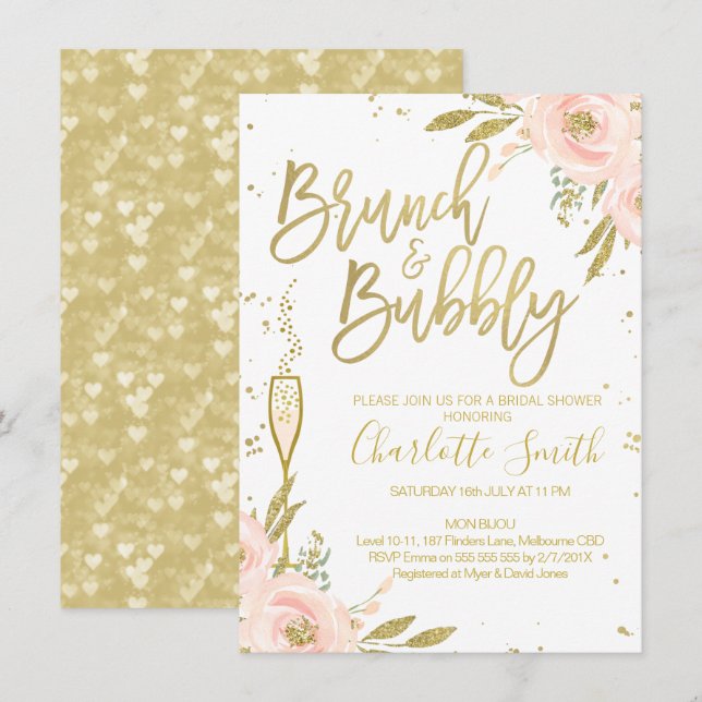 Pink Gold Floral Brunch Bridal Shower Invitation (Front/Back)
