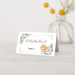Pink & Gold Floral Bunny Rabbit Easter Place Card