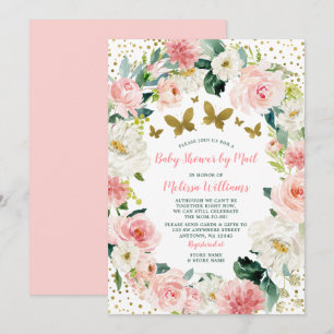 Pink Gold Floral Butterfly Baby Shower By Mail Invitation
