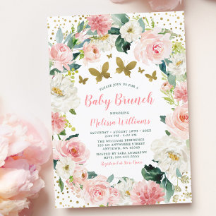 Pink Gold Floral Butterfly Girl Baby Shower Brunch Invitation