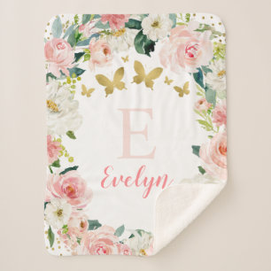 Pink Gold Floral Butterfly Girl Sherpa Blanket