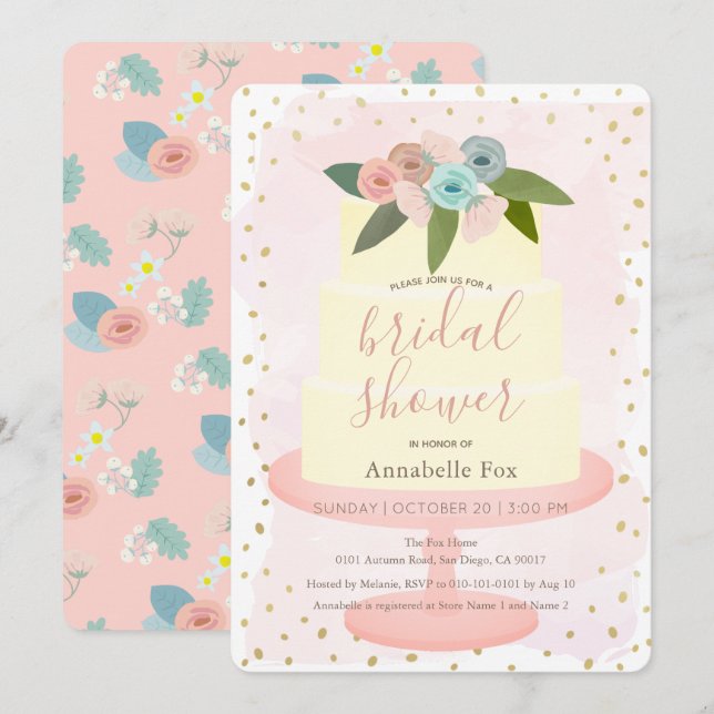 Pink Gold Floral Cake Bridal Shower Invitation (Front/Back)