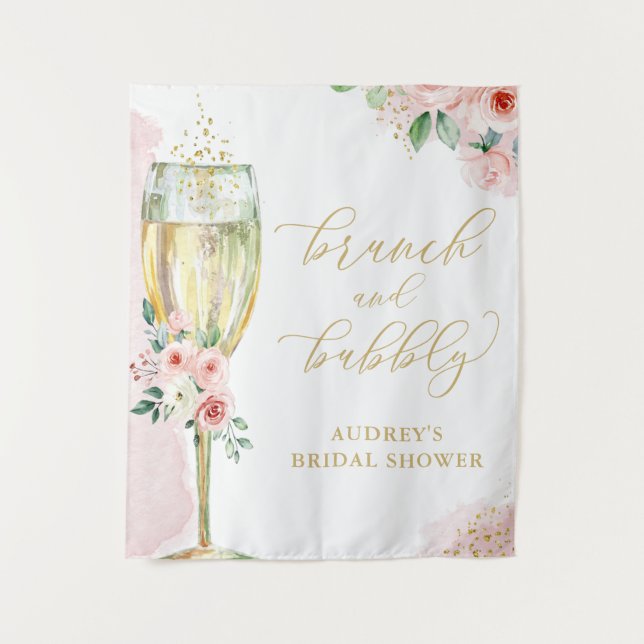 Pink Gold Floral/Champagne Glass Brunch Backdrop Tapestry (Front)