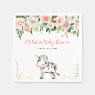 Pink Gold Floral Cow Girl Baby Shower Napkin