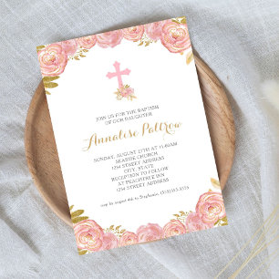 Pink Gold Floral Cross Minimalist Baptism Invitation