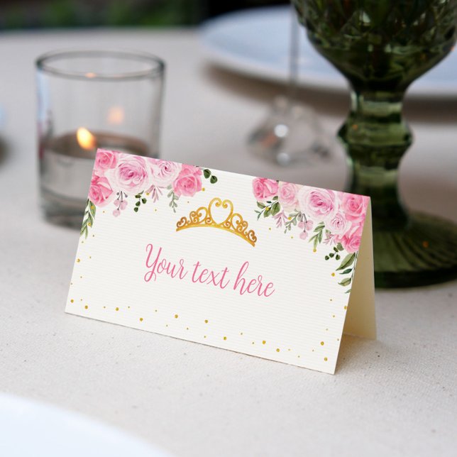 Pink Gold Floral Crown Princess Birthday Place Card (Creator Uploaded)