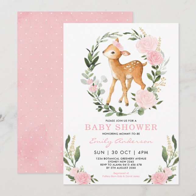 Pink Gold Floral Deer Forest Greenery Baby Shower Invitation (Front/Back)