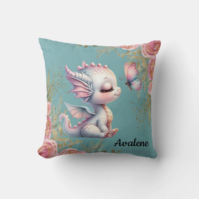 Pink Gold Floral Dragon Butterfly Girl Gift Throw Pillow (Front)