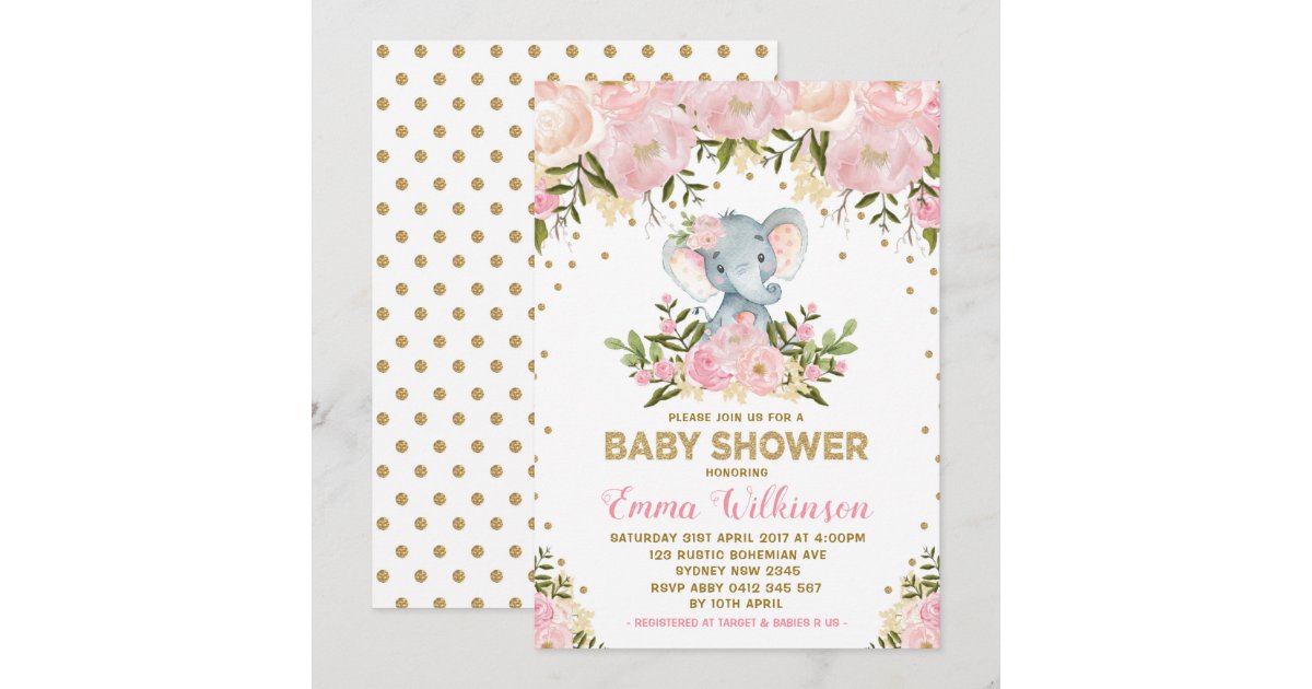 Pink & Gold Floral Elephant Baby Shower Invitation | Zazzle