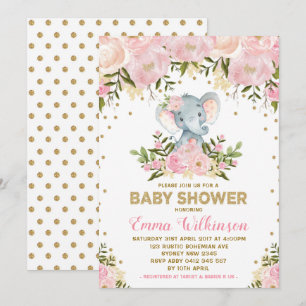 Pink & Gold Floral Elephant Baby Shower Invitation