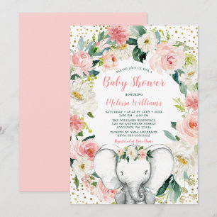 Pink Gold Floral Elephant Girl Baby Shower Invitation