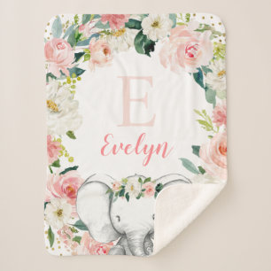 Pink Gold Floral Elephant Girl Sherpa Blanket