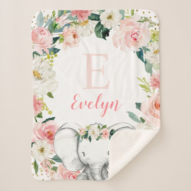 Pink Gold Floral Elephant Girl Sherpa Blanket (Front)