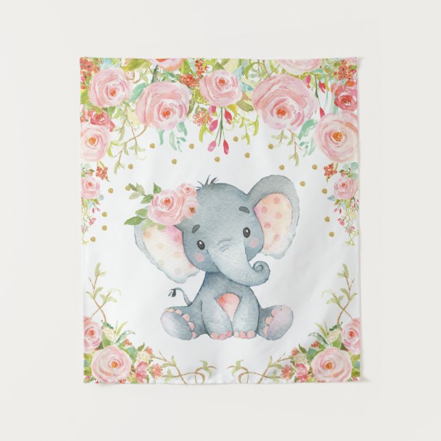 Pink Gold Floral Elephant Nursery Baby Girl Decor Tapestry (Front)