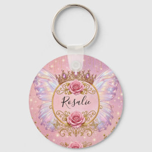 Pink & Gold Floral Fairy Princess Roses Butterfly Keychain