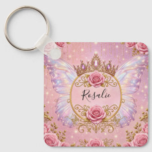 Pink & Gold Floral Fairy Princess Roses Butterfly Keychain
