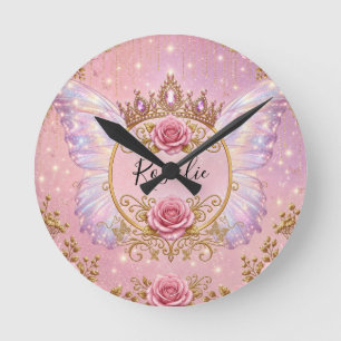 Pink & Gold Floral Fairy Princess Roses Butterfly Round Clock