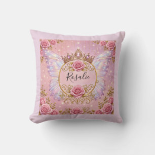 Pink & Gold Floral Fairy Princess Roses Butterfly Throw Pillow