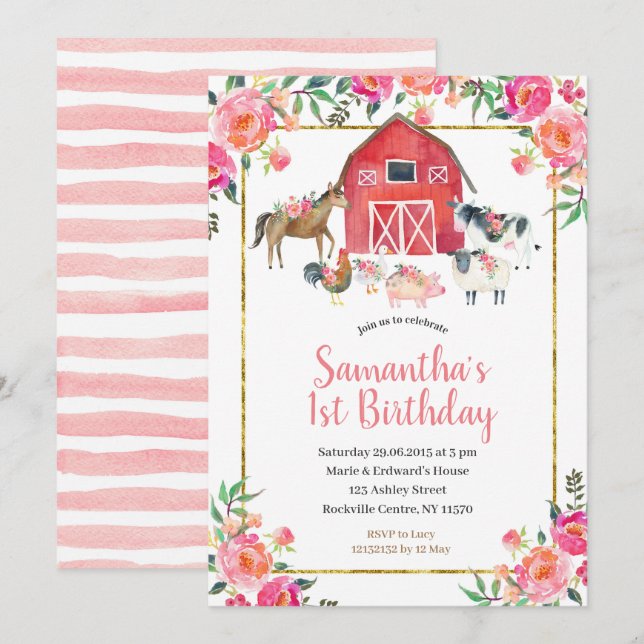 Pink Gold Floral Farm 1er anniversaire Invitation (Devant / Derrière)