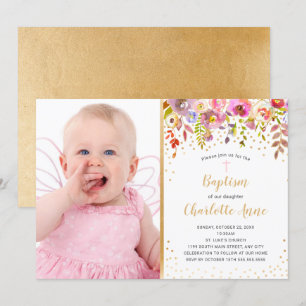 Pink Gold floral fille photo Baptême invitation