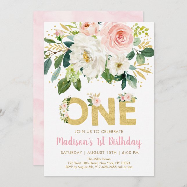 Pink Gold Floral First Birthday Invitation (Front/Back)