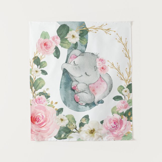 Pink Gold Floral Greenery Elephant Baby Nursery Tapestry (Front)