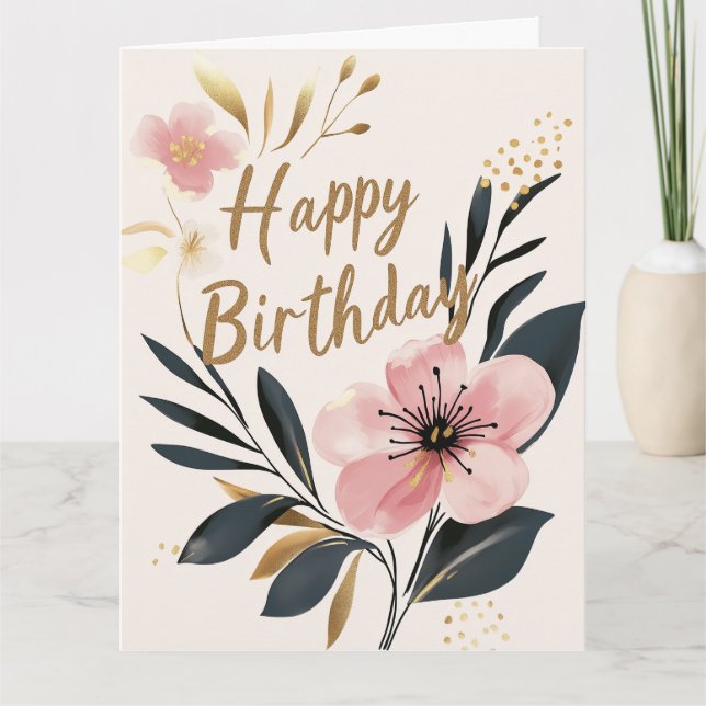 Pink Gold Floral Happy Birthday Card (Front)
