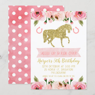 Pink Gold Floral Horse  Birthday Party Invitation