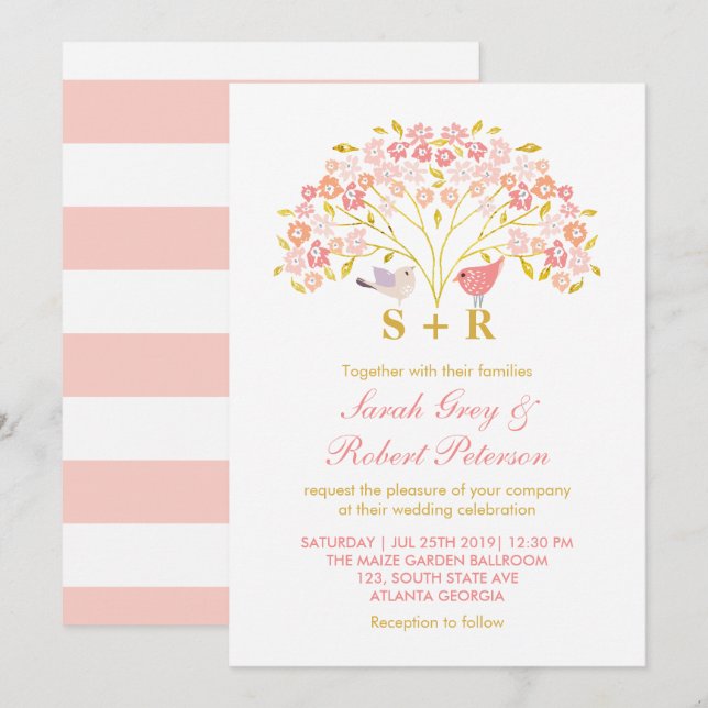 Pink Gold Floral Love Bird Wedding Invitation (Front/Back)