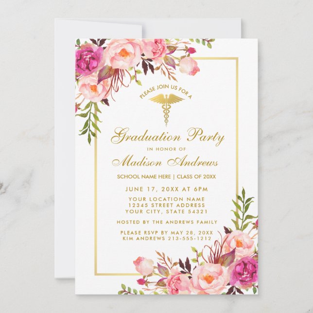 Pink Gold Floral Médicale Grad Party Invitation (Devant)
