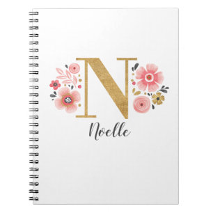 Pink Gold Floral Monogram Letter N Notebook
