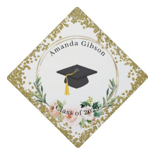 Pink & Gold Floral Personalized Graduation Cap Topper