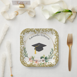 Pink & Gold Floral Personalized Graduation Party Paper Plate