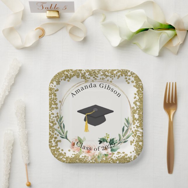 Pink & Gold Floral Personalized Graduation Party Paper Plate (Wedding)
