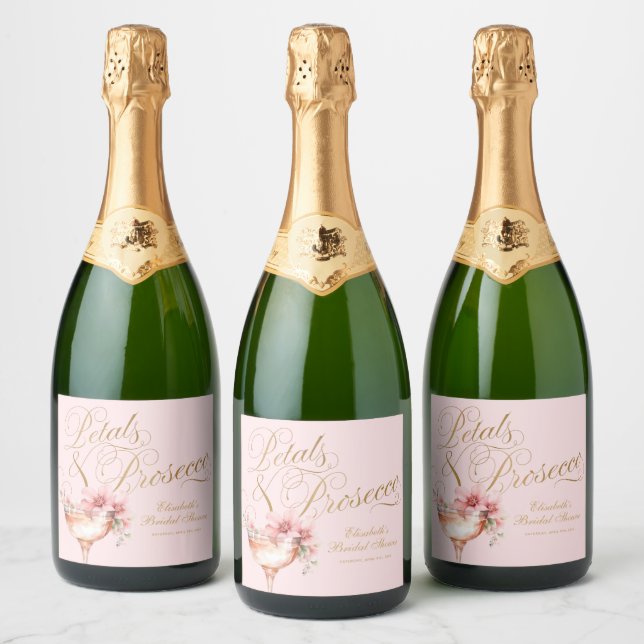Pink Gold Floral Petals and Prosecco Bridal Shower Sparkling Wine Label (Bottles)
