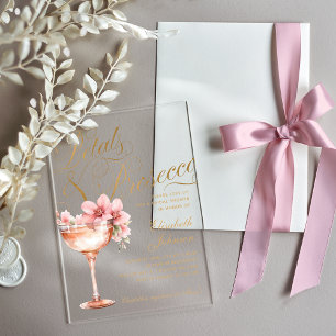 Pink Gold Floral Petals & Prosecco Bridal Shower Acrylic Invitations