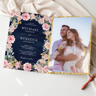 Pink Gold Floral Photo QR Code Navy Blue Wedding Invitation